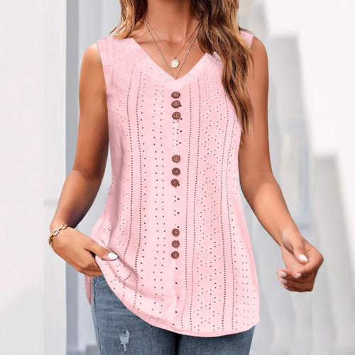Damen V-Ausschnitt Blusentop mit Knopfleiste und filigranem Lochmuster Heidi-Mode