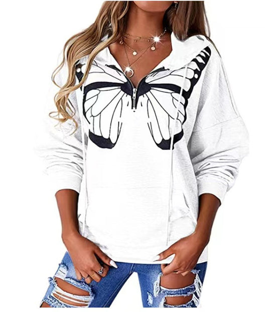 Damen lässiger Kapuzenpullover mit Schmetterlingsdruck und Halber Reißverschluss EB