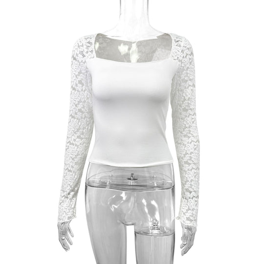Damen Spitzenoberteil mit langem Arm und figurbetontem Schnitt EB