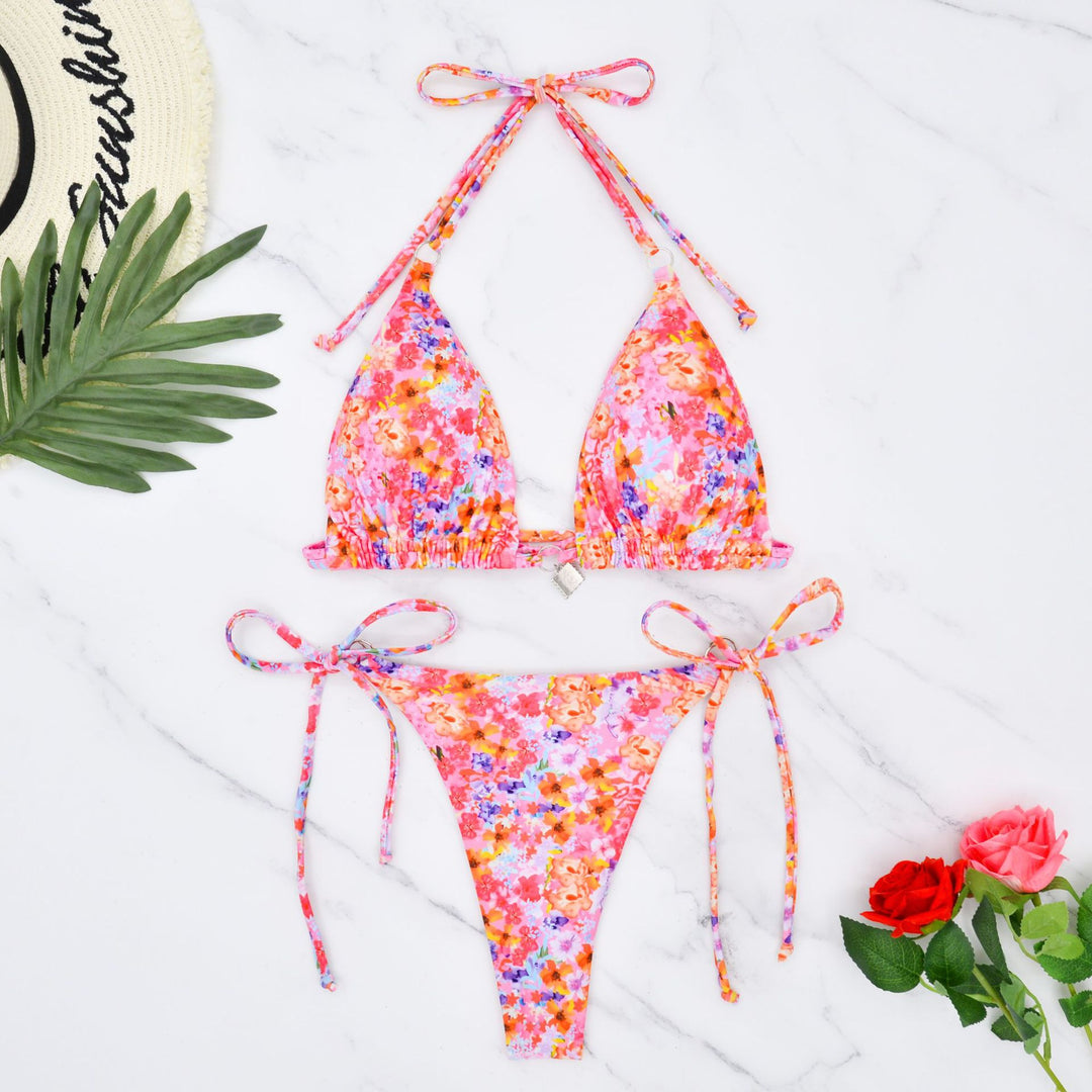 Damen Triangel-Bikini mit verspielten Bindebändern und Blumenmuster EB