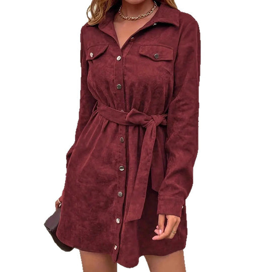 Damen Hemdblusenkleid mit Gürtel und Taschen EB