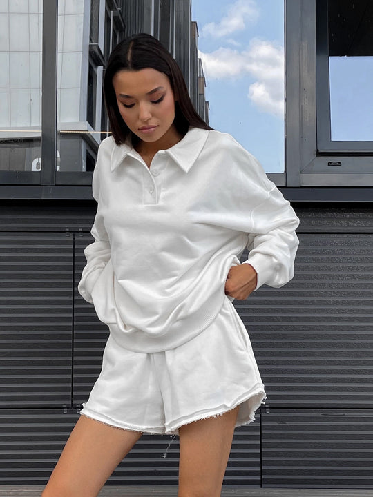 Damen Relaxed-Frottee-Loungewear-Set mit Oversize-Sweatshirt und ausgefransten Shorts EB
