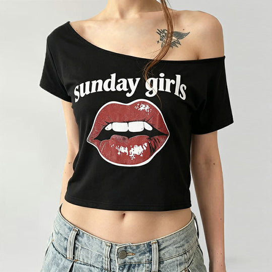 Damen Trendiges Crop-Top mit modernem Lippenprint EB