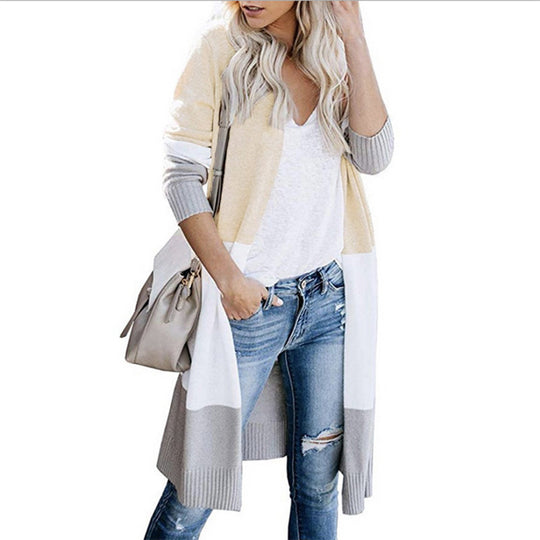 Damen langer Strickmantel mit modernen Farbblock-Details EB