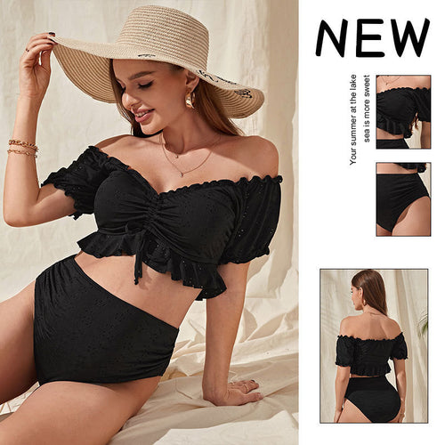 Damen Hochtaillierter Bikini mit lässigem Puffärmel-Oberteil EB