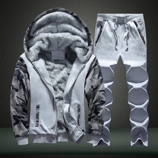 Herren Fleecegefüttertes Freizeit-Trainingsanzug-Set mit Kapuzenjacke und Camouflage-Ärmeln EB