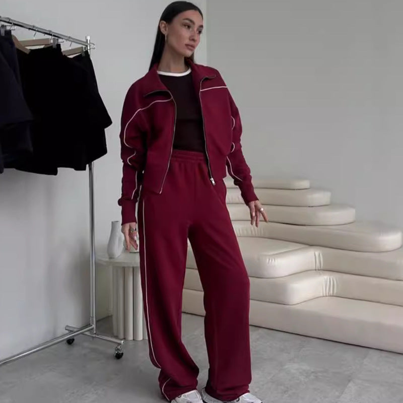 Damen nan zweiteiliges Sport-Loungewear-Set mit Stehkragen und Kontrastpaspel EB