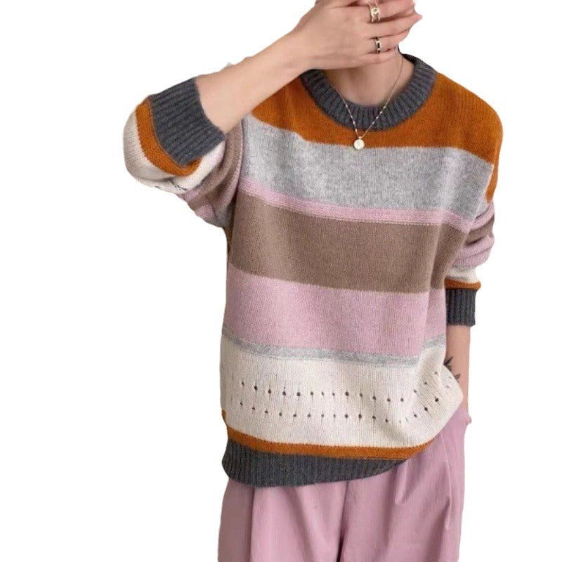 Damen Grob gestrickter Pullover mit lässigen Streifen EB