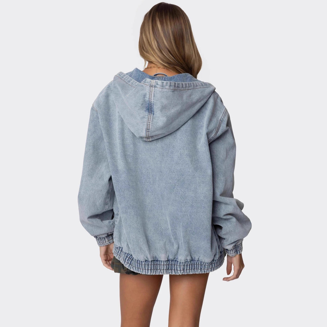 Damen Oversized Denimjacke mit Kapuze und elastischen Bündchen EB