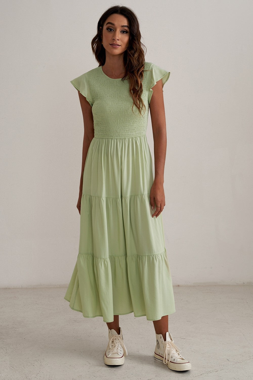 Damen Maxikleid mit voluminösen Rüschen und elastischem Rücken EB