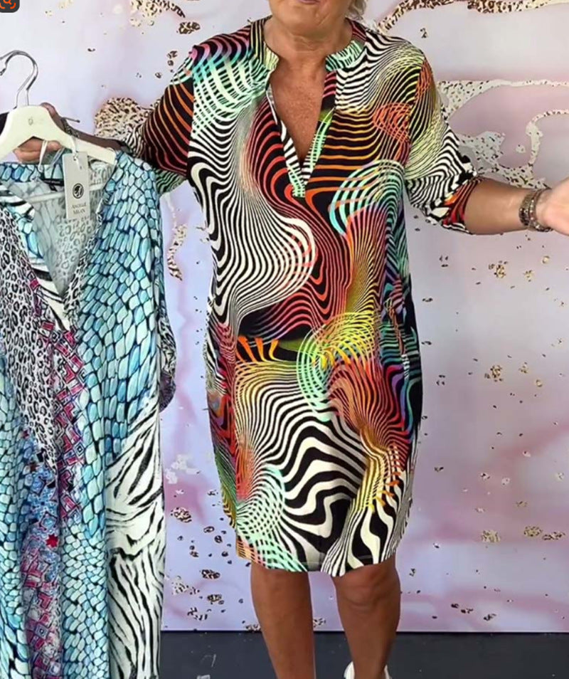 Damen nan locker fallendes V-Ausschnitt Jerseykleid mit abstraktem Wellenprint und knielangem Schnitt EB