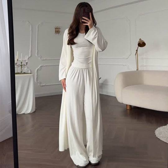 Damen Loungewear-Kombination aus langärmligem Oberteil und weiten Palazzo-Hosen EB