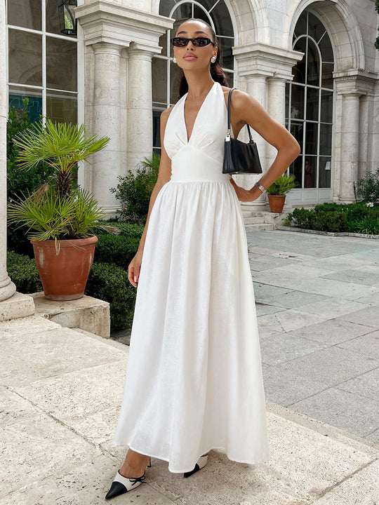Damen Maxikleid mit tieferem V-Ausschnitt und fließendem Rock EB