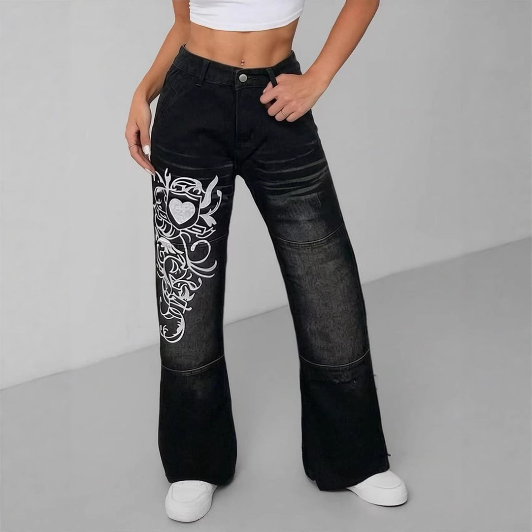 Damen weite Jeans mit kunstvollem Aufdruck EB