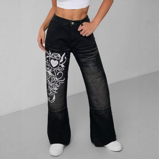 Damen weite Jeans mit kunstvollem Aufdruck EB