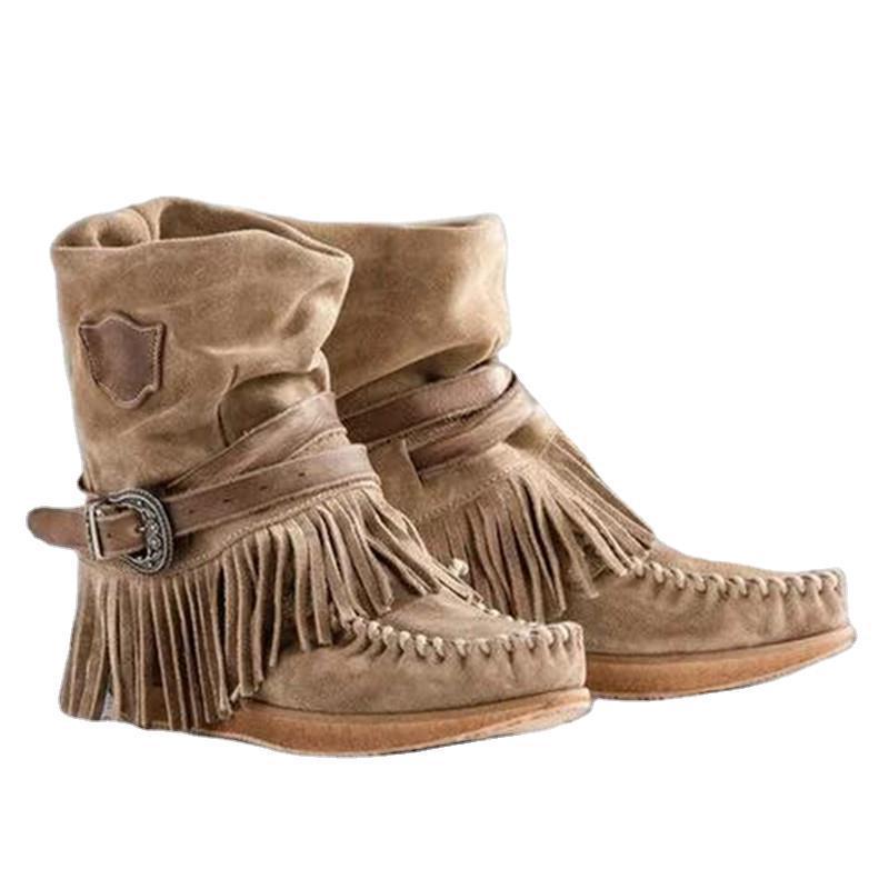 Damen nan Mokassin-Stiefelette mit Fransen, dekorativer Zierschnalle und handgenähter Mokassin-Naht EB