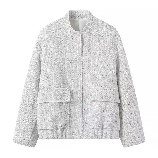 Damen nan strukturierte Boucléjacke mit Stehkragen, aufgesetzten Taschen und elastischem Saum EB