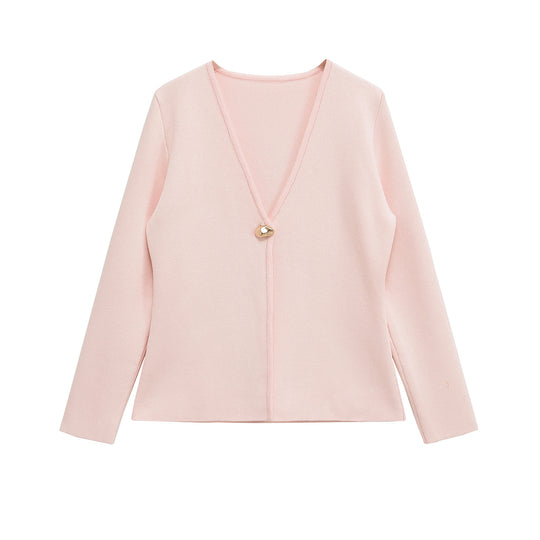 Damen lässiger V-Ausschnitt Cardigan mit dekorativem Knopf EB