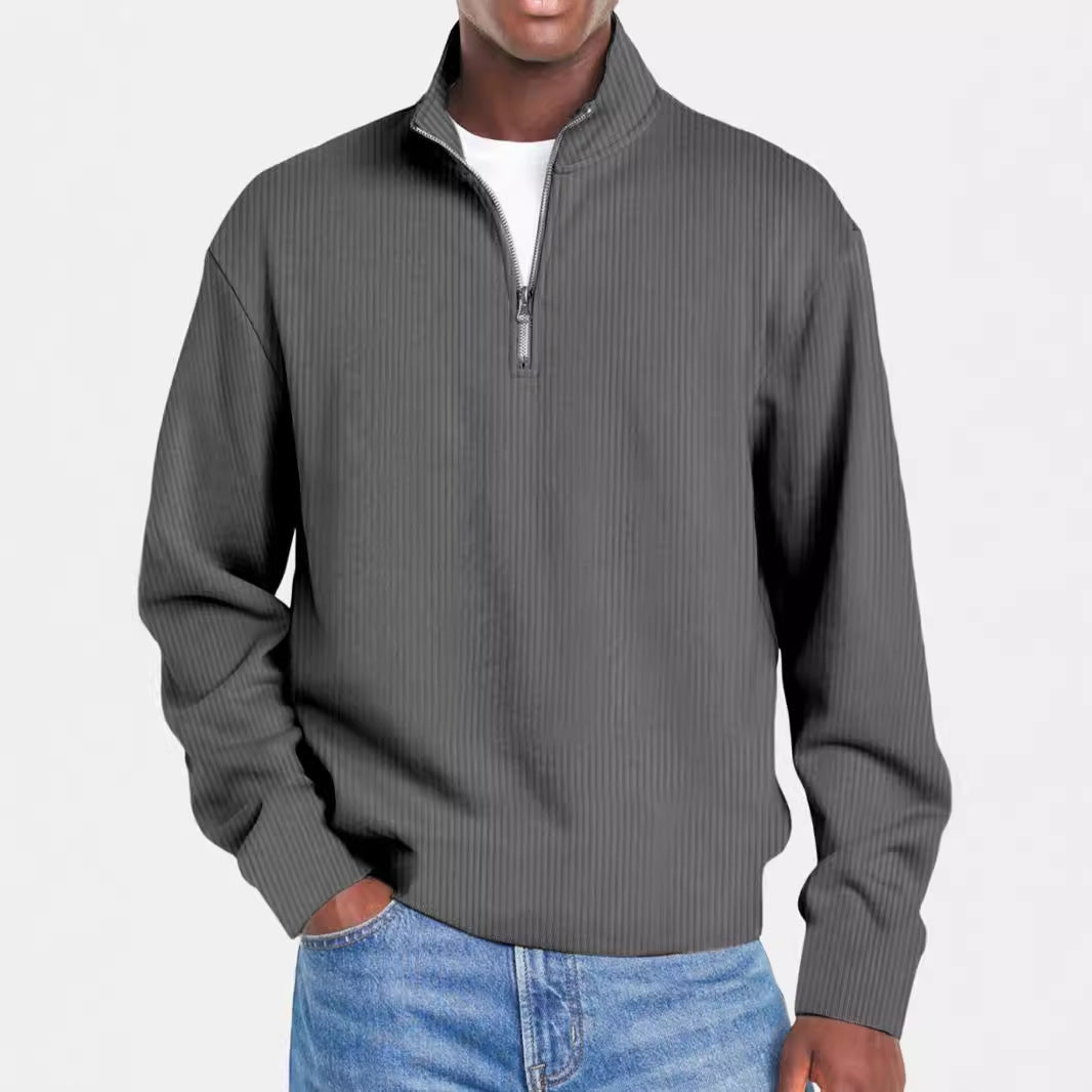 Herren nan gerippter Troyer-Pullover mit Halbzip und Stehkragen EB