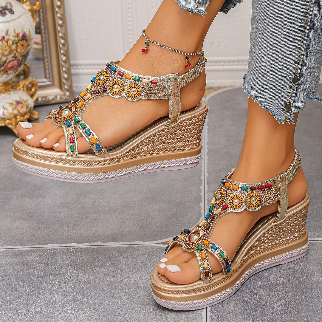Damen Wedge-Sandalen mit buntem Schmuckdesign und komfortabler Sohle EB