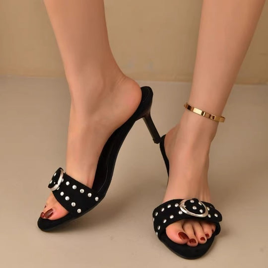 Damen elegante High Heel Mules mit funkelndem Strass und modischer Schnalle EB
