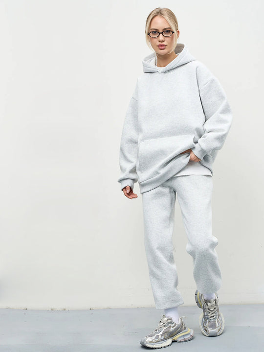 Damen lässiges Kapuzen-Sweatset aus schwerer Baumwollfleece mit Kängurutasche und gerader Jogginghose EB
