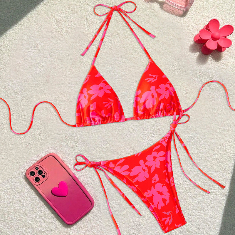 Damen Triangel-Bikini mit floralem Design und verstellbaren Bändern EB