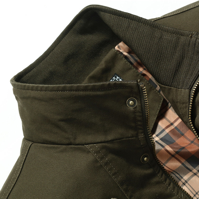 Herren Canvas-Bomberjacke mit kariertem Innenfutter, Stehkragen und Abzeichenapplikationen EB