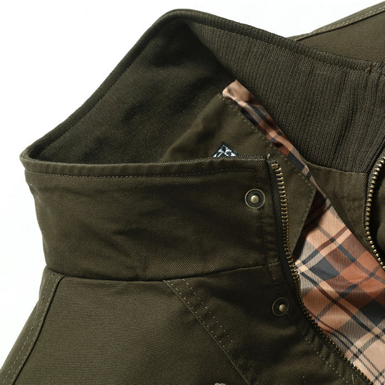 Herren Canvas-Bomberjacke mit kariertem Innenfutter, Stehkragen und Abzeichenapplikationen EB