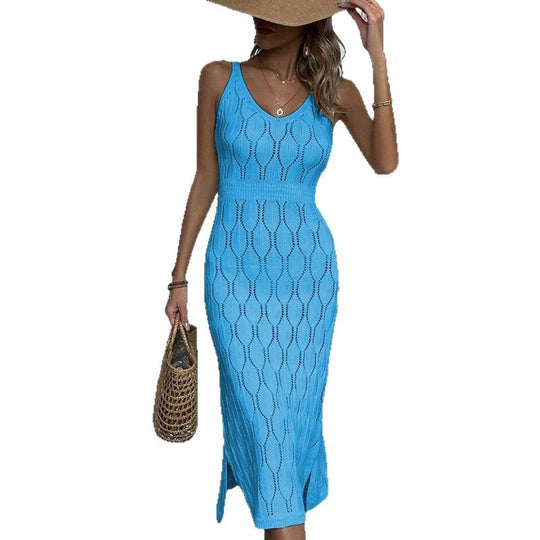 Damen gehäkeltes Midi-Kleid mit raffiniertem Mustermix EB