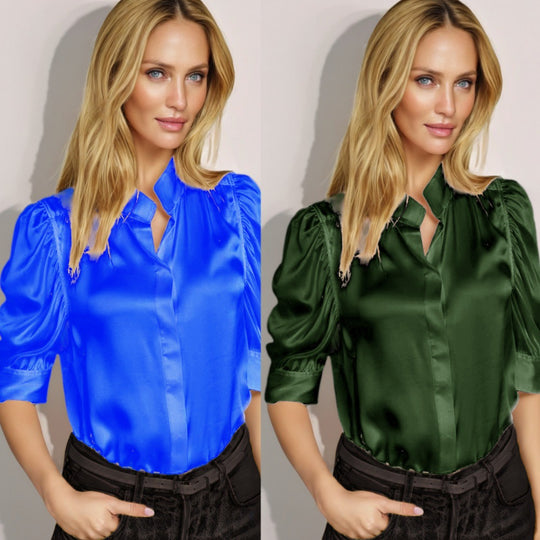 Damen elegante Satinbluse mit Puffärmeln und modernem Kragen EB