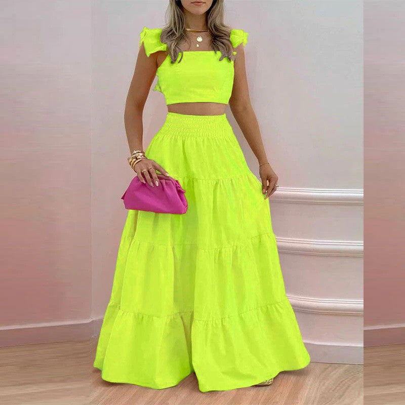 Damen Maxikleid mit voluminösem Rock und Rüschendetails EB