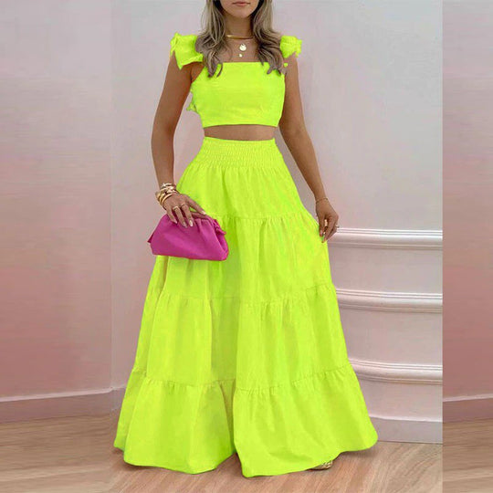 Damen Maxikleid mit voluminösem Rock und Rüschendetails EB