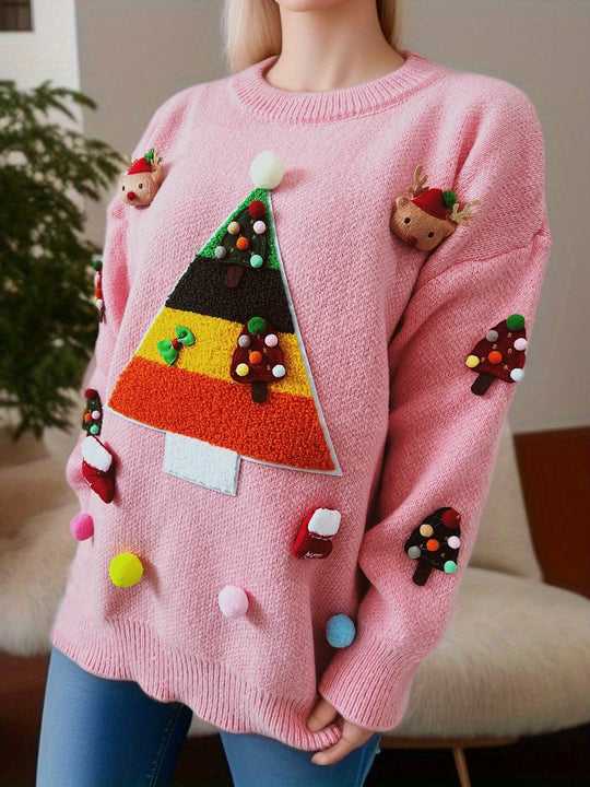 Damen Weihnachts-Pullover mit festlichem 3D-Motiv und dekorativen Applikationen EB