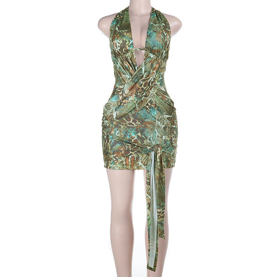 Damen kurzes Wickelkleid mit tiefem Ausschnitt und aufregendem Schlangenmotiv EB