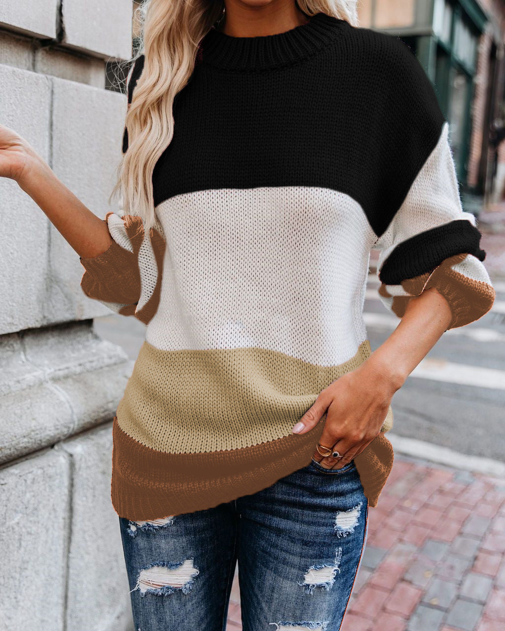 Damen lässiger Strickpullover mit modischem Farbblockdesign EB