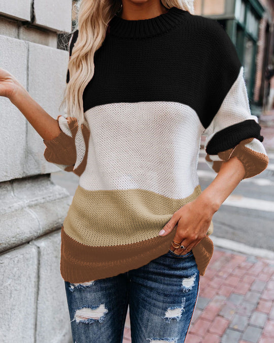 Damen lässiger Strickpullover mit modischem Farbblockdesign EB