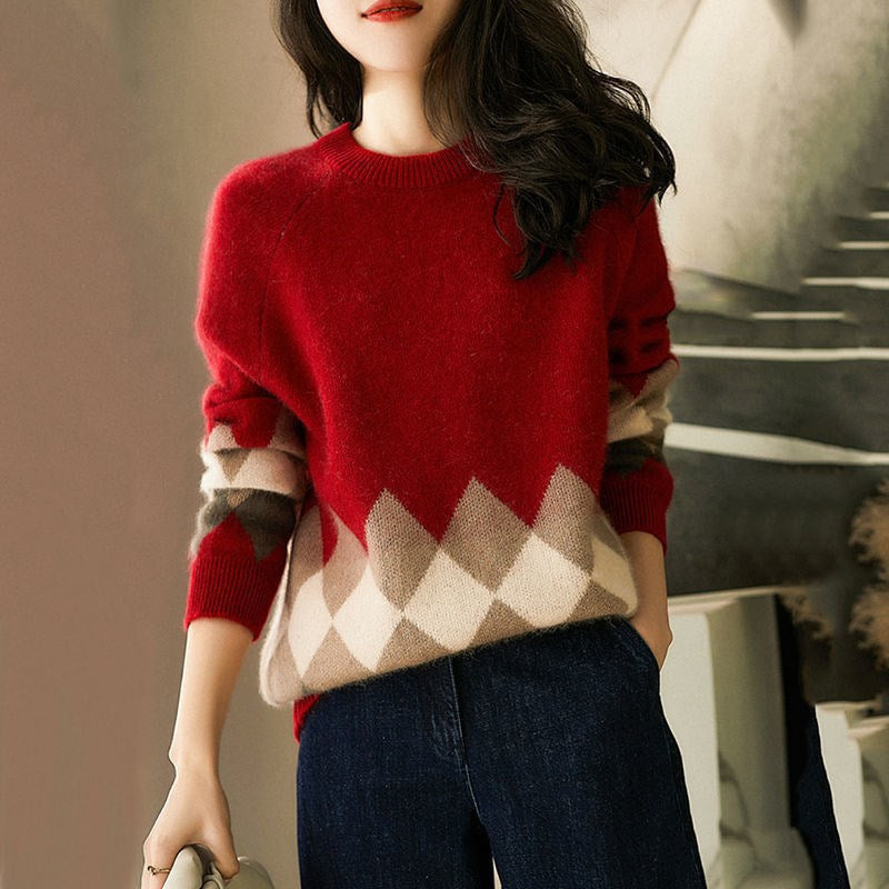 Damen lässiger Strickpullover mit modernem Rhombenmuster und weichem Material EB