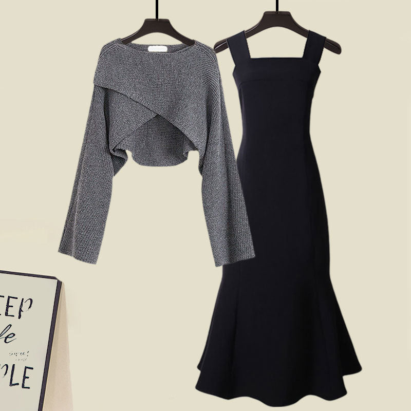 EB | Zweiteiliges Satz Aus Hochwertigem Kreuzstrickpullover und Fishtail Kleid