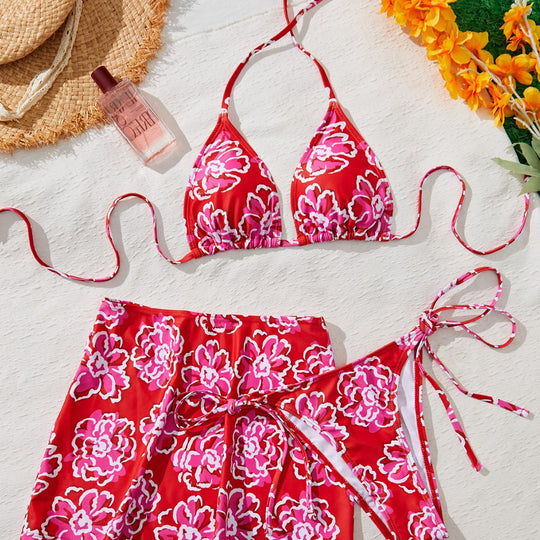 Damen Bikini-Set mit floralem Rock und raffinierten Bindebändern EB