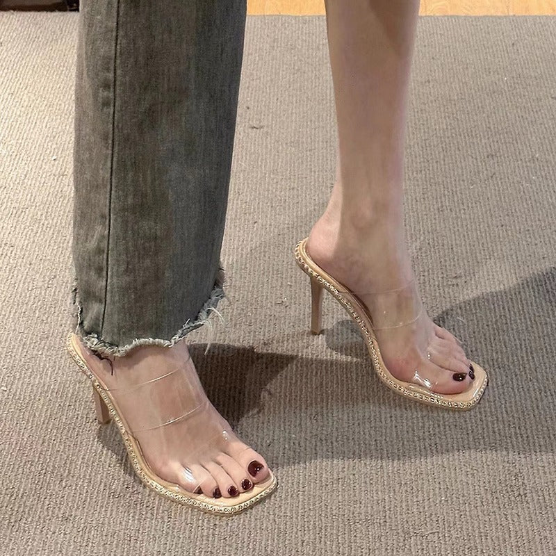 Damen elegante transparente Mules mit glitzerndem Riemen EB