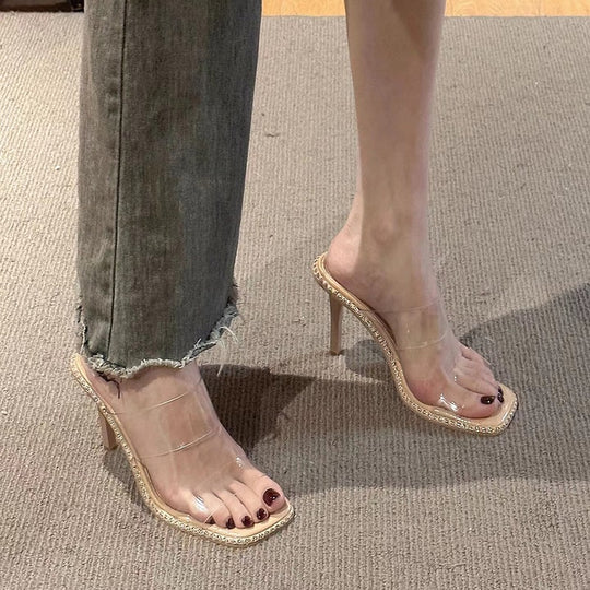 Damen elegante transparente Mules mit glitzerndem Riemen EB