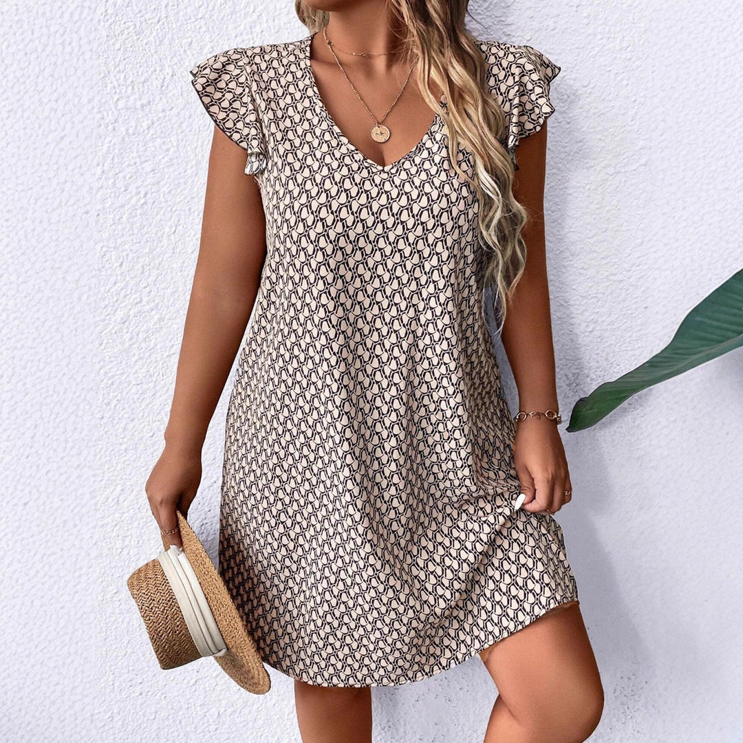 Damen lässiges Sommerkleid mit elegantem V-Ausschnitt und Rüschendetails EB