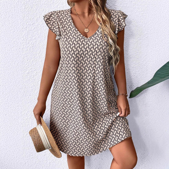 Damen lässiges Sommerkleid mit elegantem V-Ausschnitt und Rüschendetails EB