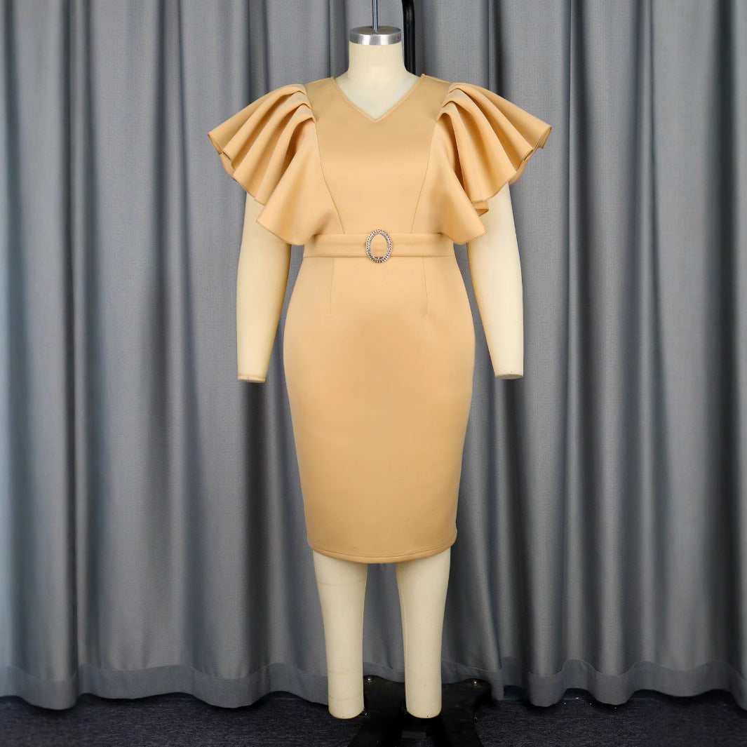 Damen figurbetontes Kleid mit voluminösen Rüschenärmeln und Taillengürtel EB