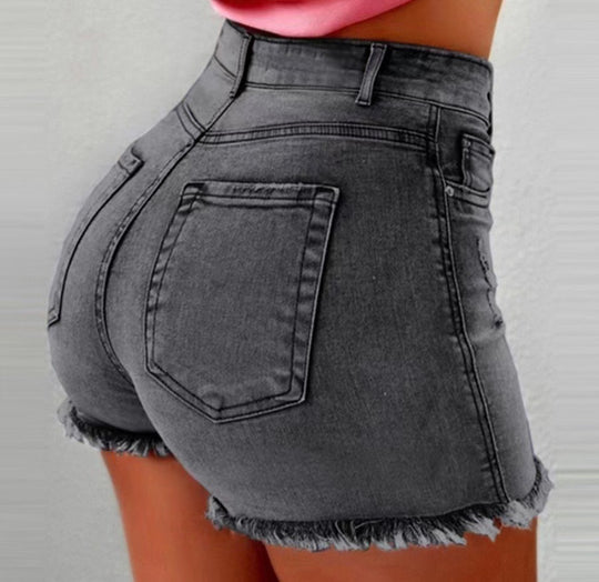 Damen Hochtaillierte Jeans-Shorts mit fransigem Saum EB