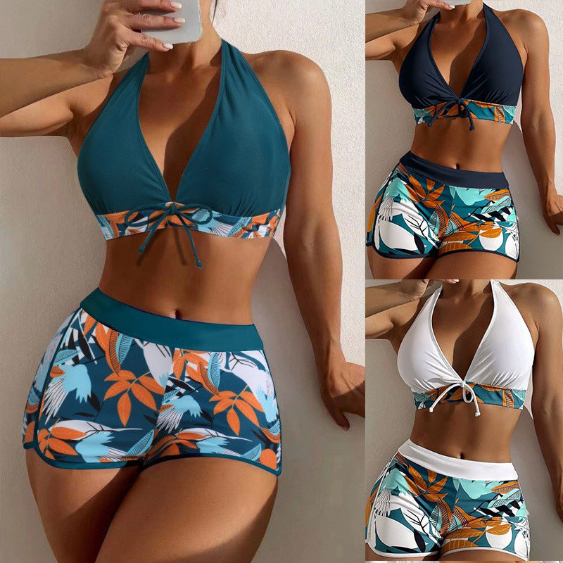 Damen Hochgeschlossen Bikini mit verspieltem Blumenmuster EB
