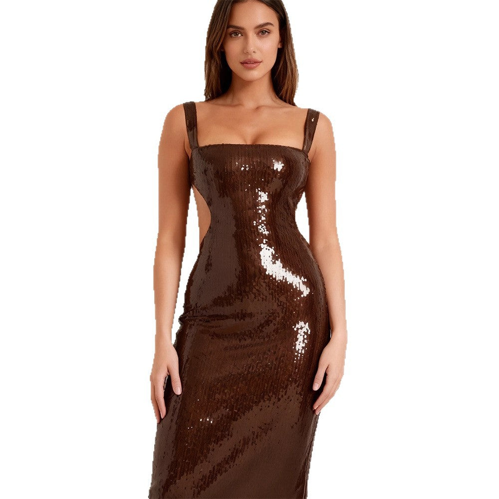Damen Lange Pailletten-Robekleid mit schicker Silhouette und tiefem Ausschnitt EB