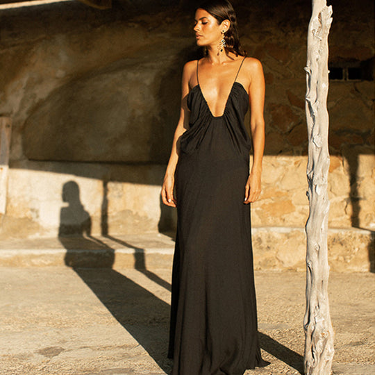 Damen Elegantes Maxikleid mit tiefem V-Ausschnitt EB