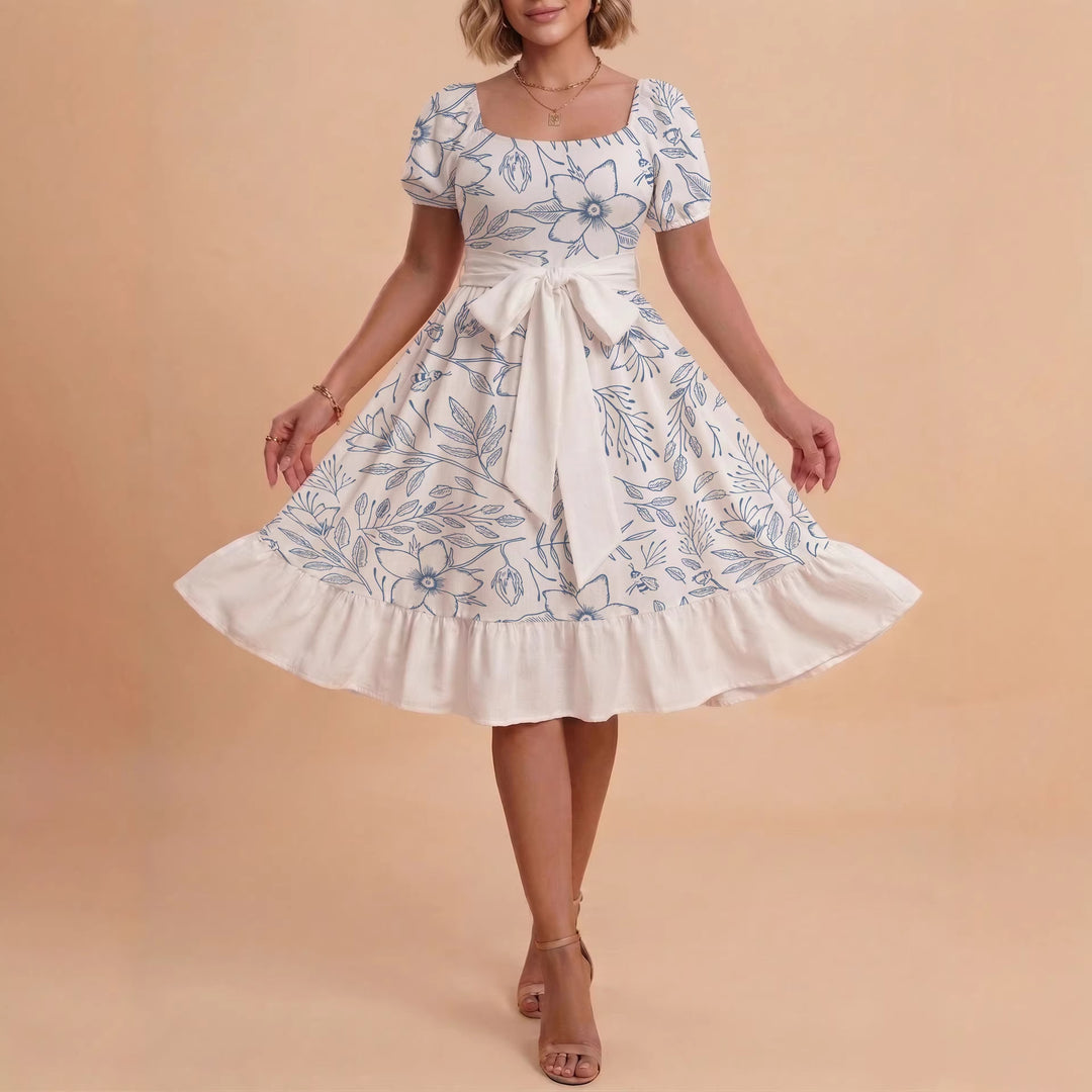 Damen Midi Kleid mit elegantem Blumendruck und tailliertem Gürtel EB